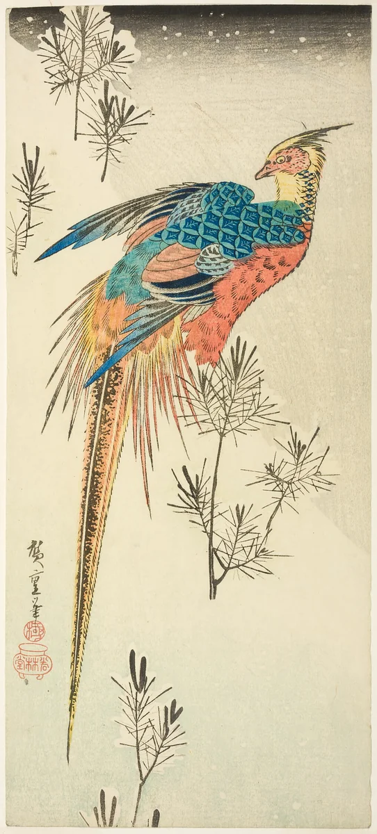A Golden Pheasant Perched on a Steep Snowy Hillside amid Small Pine Saplings by Utagawa Hiroshige (歌川広重), print, 1828-1838