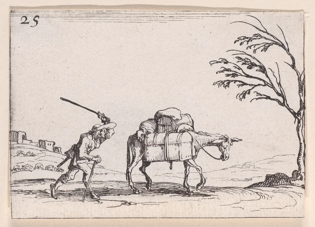Le Paysan Frappant son Ane (The Peasant Striking his Donkey), plate 25 from "Lux Claustri ou La Lumière du Cloitre" (The Light of the Cloisters) by Jacques Callot, print, 1621-1635
