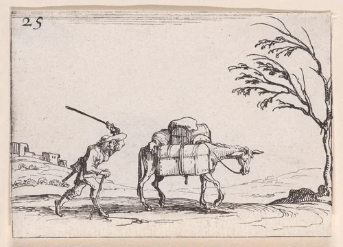 Le Paysan Frappant son Ane (The Peasant Striking his Donkey), plate 25 from "Lux Claustri ou La Lumière du Cloitre" (The Light of the Cloisters) by Jacques Callot, print, 1621-1635
