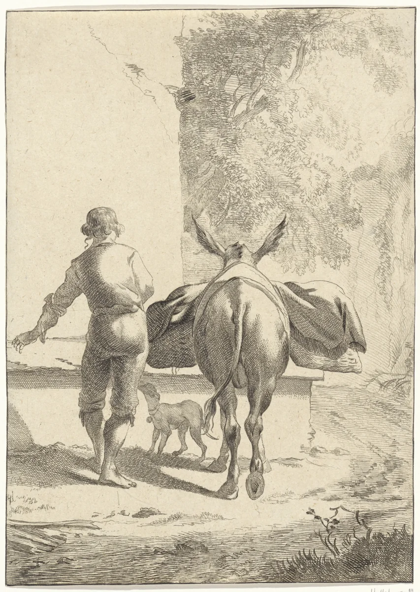 Ezel bij een waterbak by Jan de Visscher, print, 1643-1692