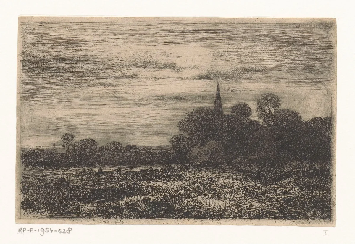 Landschap met kerktoren by Jean Alexis Achard, print, 1851