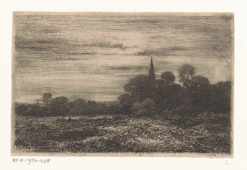 Landschap met kerktoren by Jean Alexis Achard, print, 1851