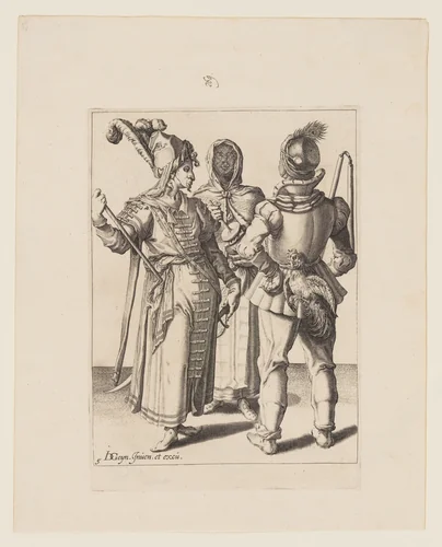A Grandee in Eastern Dress, a Man with a Cock attached to his Belt and a Veiled Woman Playing the Rumbling-Pot, from The Masquerades by Jacques de Gheyn II, print, 1595-1596