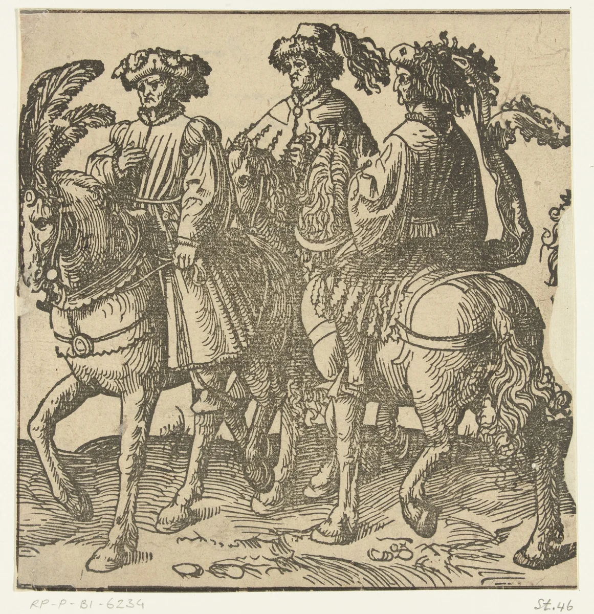 Een groep van drie ruiters by Unknown, print, 1518-1533