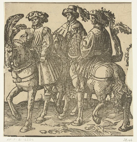 Een groep van drie ruiters by Unknown, print, 1518-1533