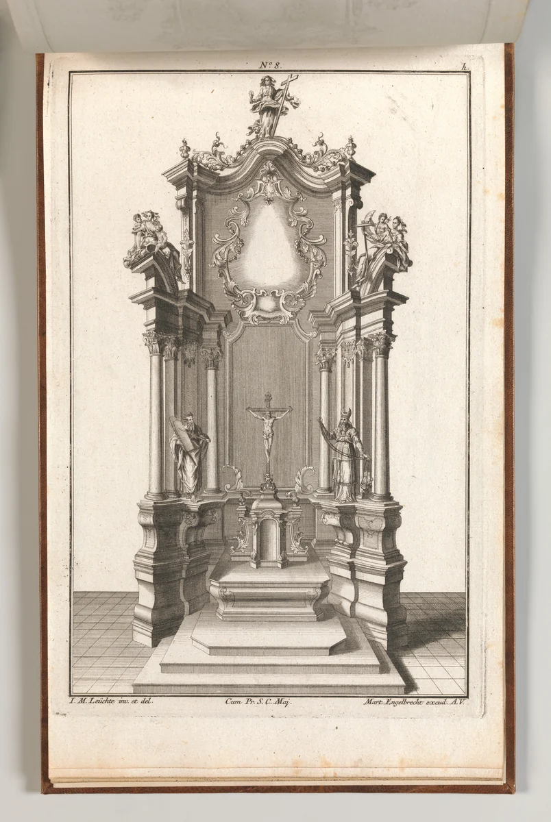 Design for a Monumental Altar, Plate h from 'Unterschiedliche Neu Inventierte Altäre mit darzu gehörigen Profillen u. Grundrißen.' by Johann Michael Leüchte, book, 1745-1755
