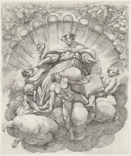 Bisschop omgeven door zes engelen by Giovanni Battista Vanni, print, 1609-1660