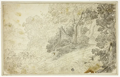 Wooded River Landscape with View of Castle by Unknown Artist, drawing, 1600-1699