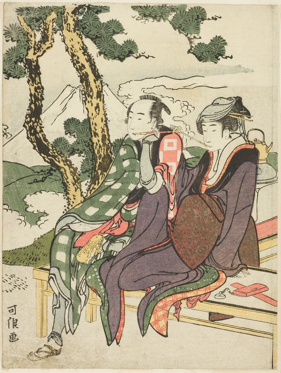 Evening Glow for Date no Yosaku and Seki no Koman, from the untitled series known as "Eight Views of Tragic Lovers (Michiyuki hakkei)" by Katsushika Hokusai (葛飾 北斎), print, 1801-1804