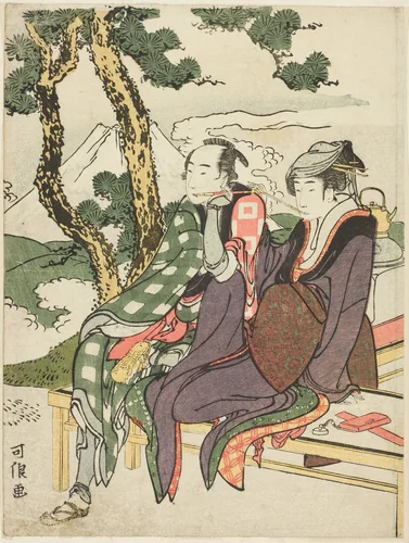 Evening Glow for Date no Yosaku and Seki no Koman, from the untitled series known as "Eight Views of Tragic Lovers (Michiyuki hakkei)" by Katsushika Hokusai (葛飾 北斎), print, 1801-1804