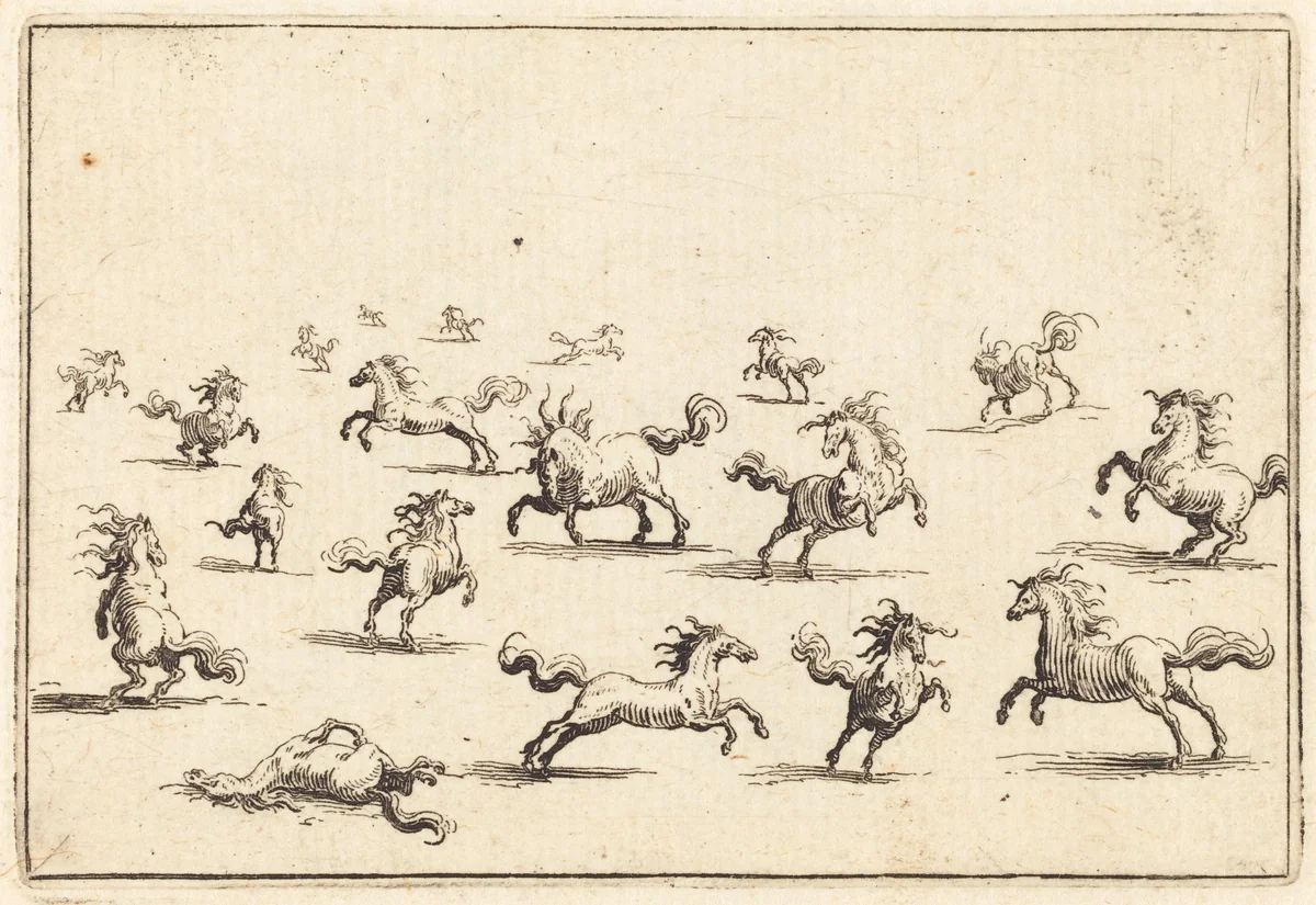 Horses Running by Jacques Callot, print, 1622