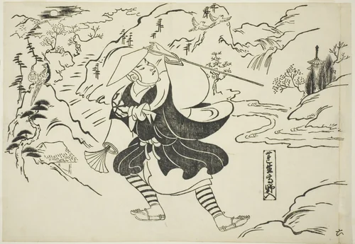 Rensho arriving at Mt. Koya (Rensho Koya-iri), from the series "Famous Scenes from Japanese Puppet Plays (Yamato irotake)" by Okumura Masanobu (奥村政信), print, 1700-1711