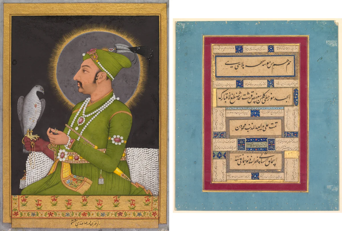 Posthumous portrait of the Mughal emperor Muhammad Shah (reigned 1719–1748) holding a falcon (recto); Calligraphy (verso) by Muhammad Rizavi, painting, 1764