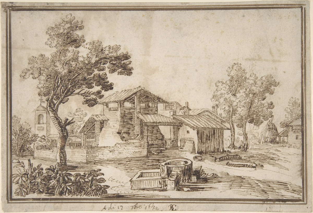 Landscape with a Farm House and a Bell Tower by Remigio Cantagallina, drawing, 1582-1656