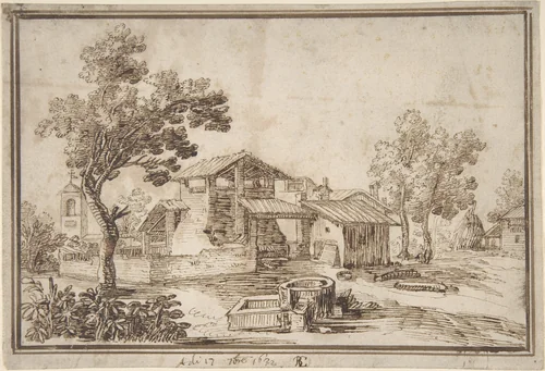 Landscape with a Farm House and a Bell Tower by Remigio Cantagallina, drawing, 1582-1656