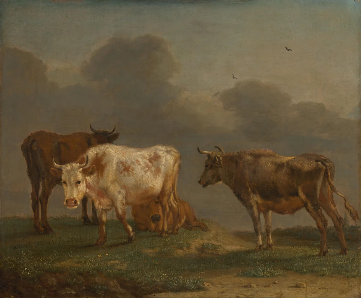 Four Young Bulls in a Meadow by Paulus Potter, painting, 1651