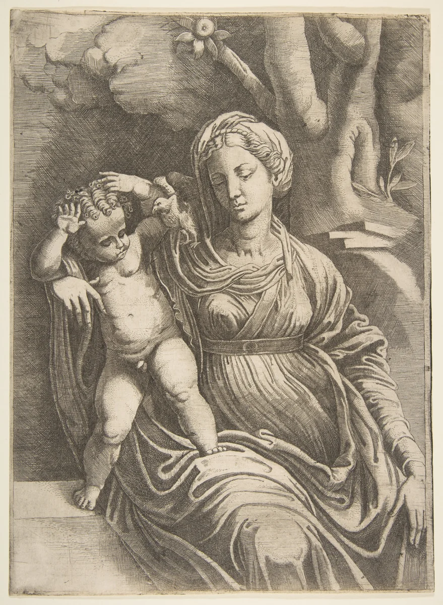 Virgin and Child seated beneath a tree by Giulio Bonasone, print, 1555-1565