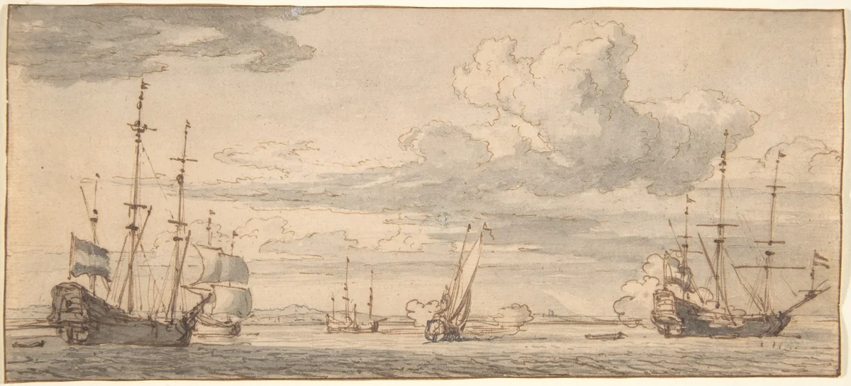 Dutch Ships in a Bay by Willem van de Velde II, drawing, 1648-1707