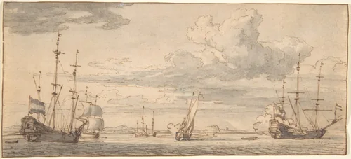 Dutch Ships in a Bay by Willem van de Velde II, drawing, 1648-1707