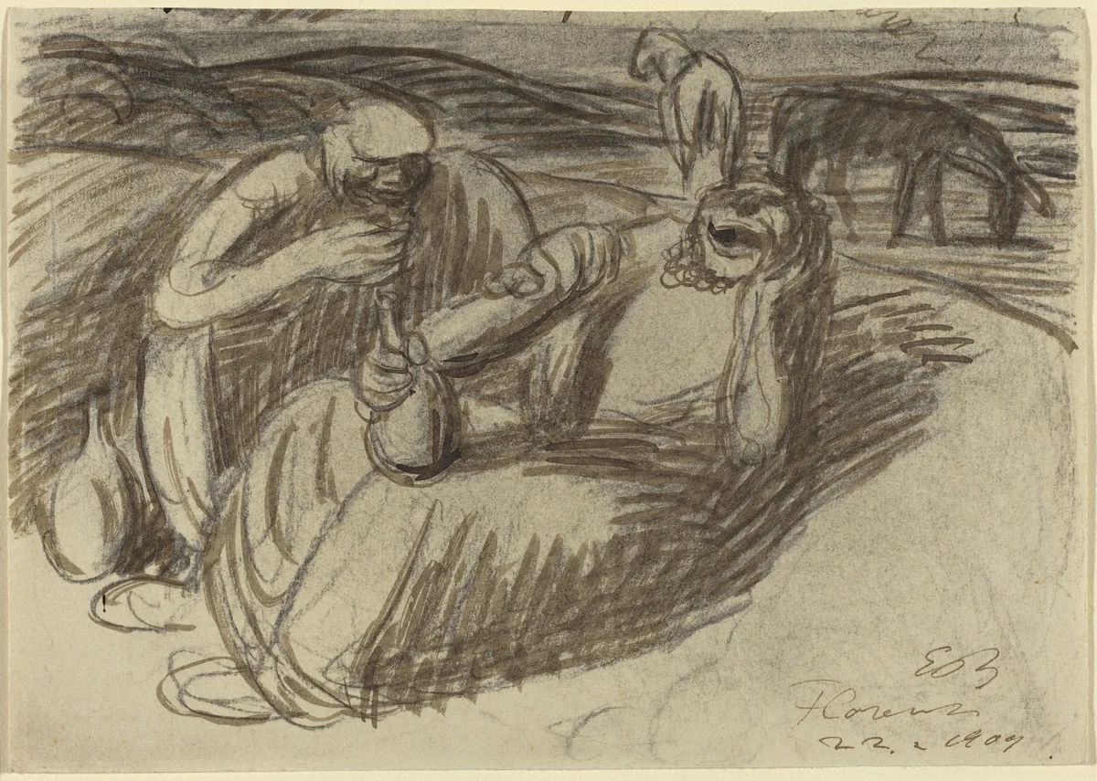 Italian Peasants with Wine Flasks by Ernst Barlach, drawing, 1909