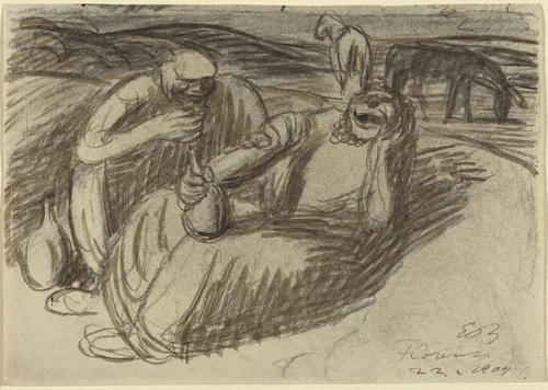 Italian Peasants with Wine Flasks by Ernst Barlach, drawing, 1909