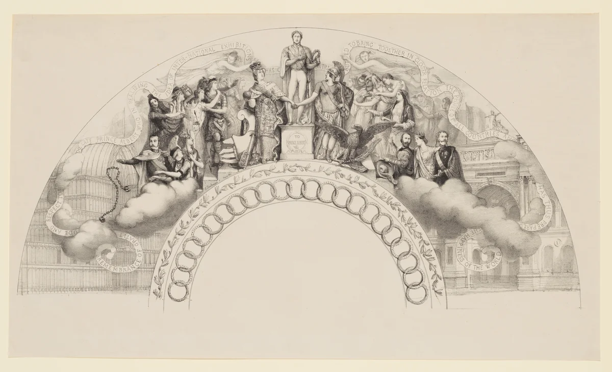 Remembrance of, Gratitude and Respect to the late Prince Albert, Who in Realizing the Idea of International Exhibitions, Has Contributed to Bring Together in Closer Relation the People of all Countries, and has Thus Prepared the Happiness of the World by Ignace-François Bonhommé, print, 1862