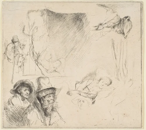 Sheet of Studies with a Woman Lying Ill in Bed, etc. by Rembrandt van Rijn, print, 1636-1646