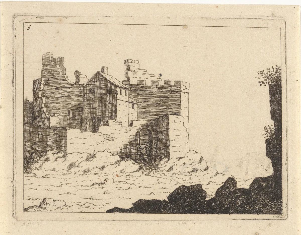 Huis te midden van een muur met kantelen by M. Schaep, print, 1648