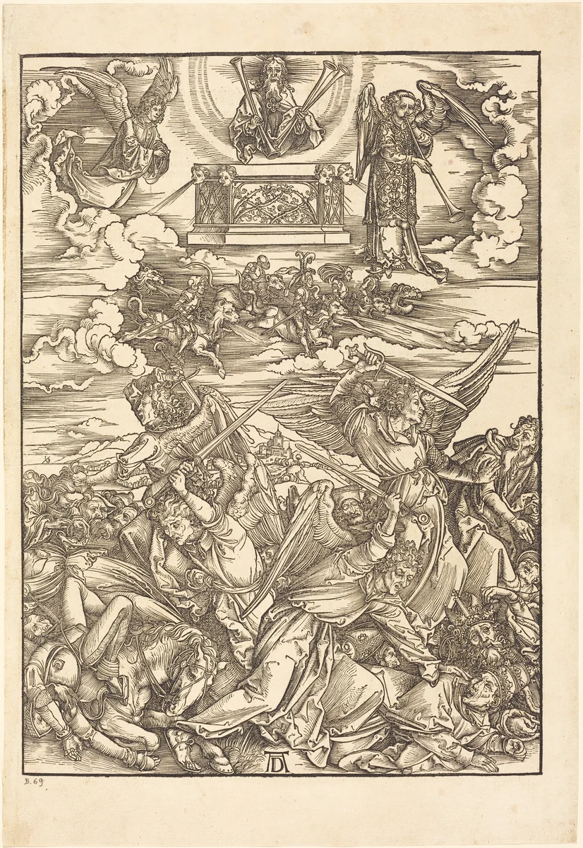 The Four Avenging Angels by Albrecht Dürer, print, 1498