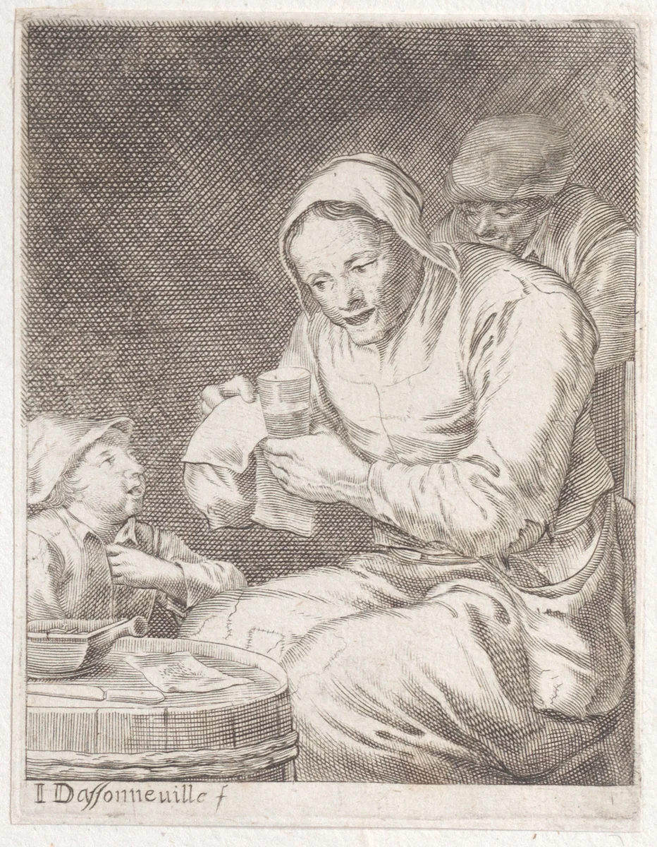 An old woman holding a glass and a piece of paper, a child at left and a man behind her at right by Jacques Dassonville, print, 1635-1675