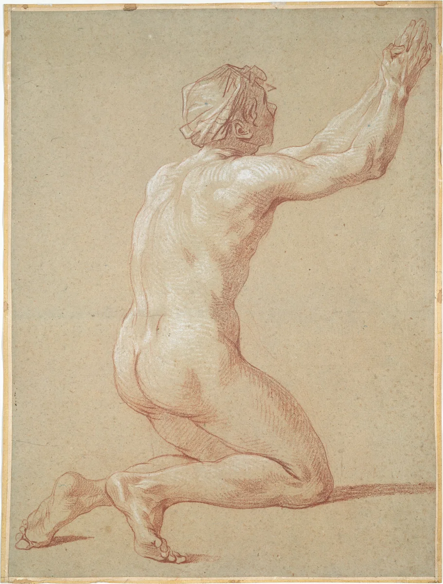 Kneeling Nude Youth with Raised Clasped Hands by Etienne Jeaurat, drawing, 1725-1741