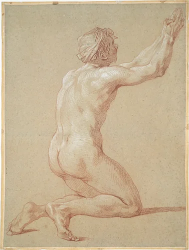 Kneeling Nude Youth with Raised Clasped Hands by Etienne Jeaurat, drawing, 1725-1741