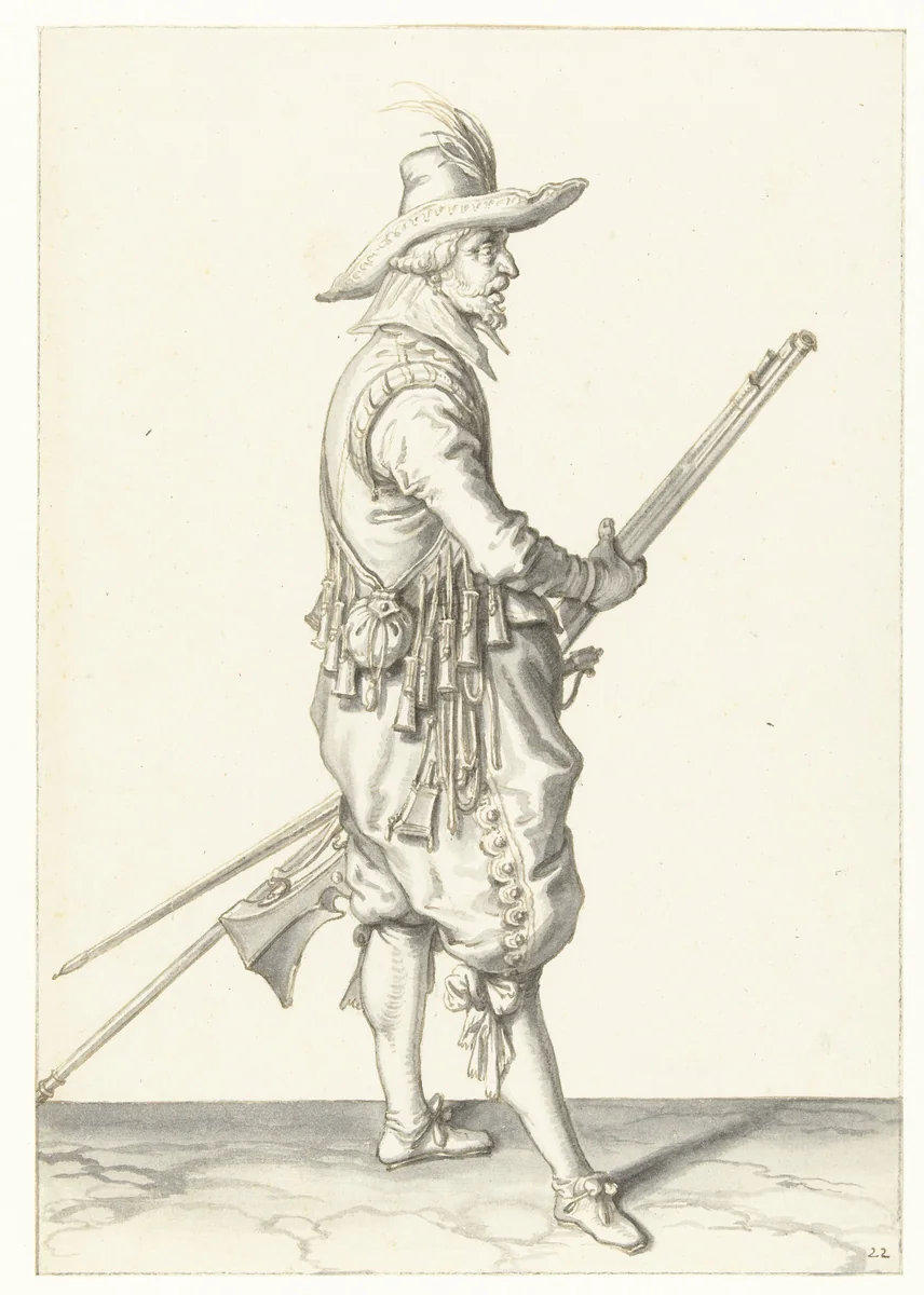 Soldaat die zijn musket met beide handen bij zijn linkerdijbeen vasthoudt by Jacques de Gheyn, drawing, 1596-1606