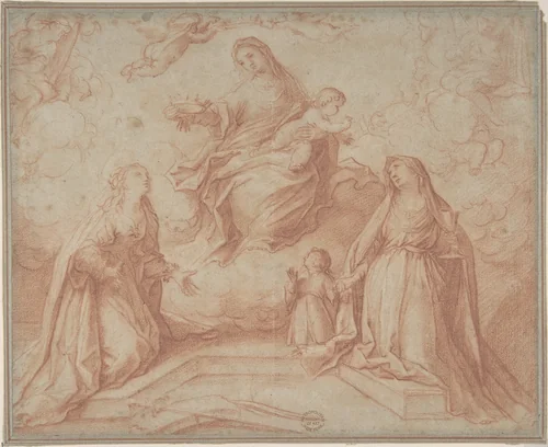 Madonna and Child with Saints by anonymous, drawing, 1600-1700