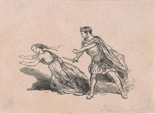 Man met een kroon een vrouw bedreigend met een dolk by Isaac Weissenbruch, print, 1836-1912