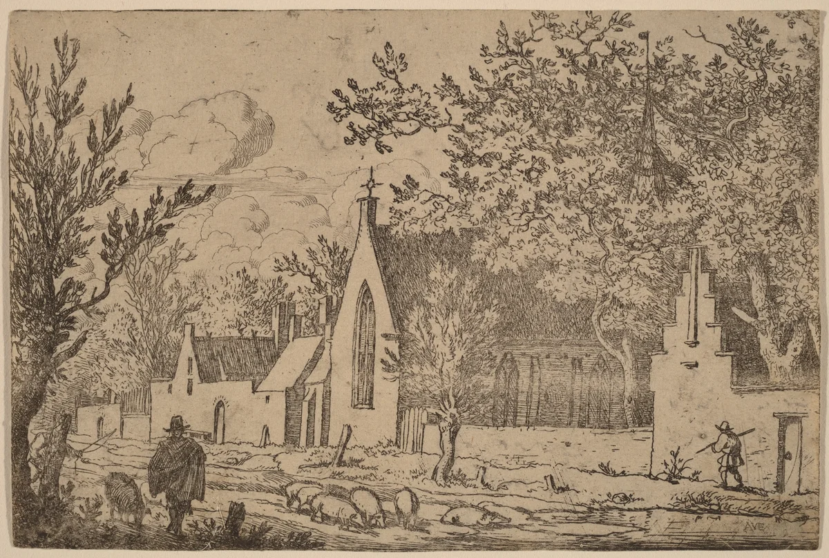 Swine Herd near a Chapel by Allart van Everdingen, print, 1645-1656