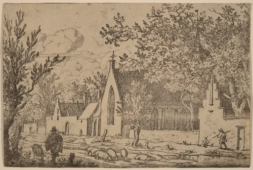 Swine Herd near a Chapel by Allart van Everdingen, print, 1645-1656