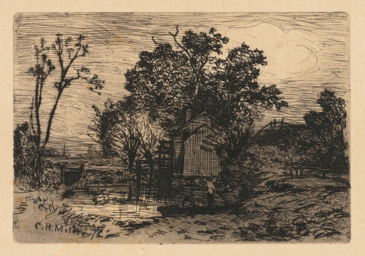 Cottage and Two Figures in a Boat by Charles Henry Miller, print, 1878