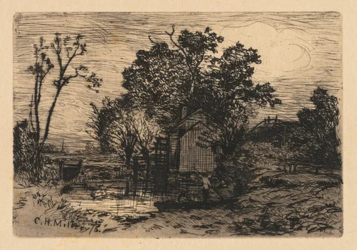 Cottage and Two Figures in a Boat by Charles Henry Miller, print, 1878