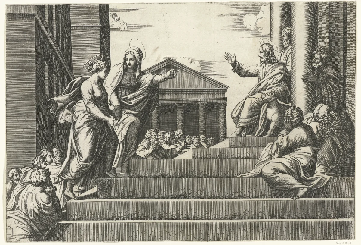 Marta leidt Maria Magdalena naar prekende Christus by anonymous, print, 1520-1575