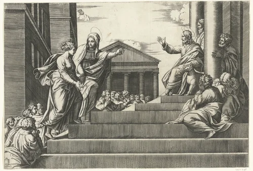 Marta leidt Maria Magdalena naar prekende Christus by anonymous, print, 1520-1575