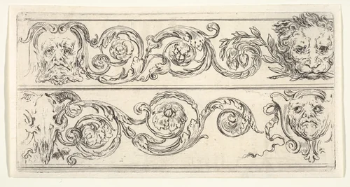 Two friezes; at top, a grotesque head of an old man to left, a lion head to right, at bottom, a ram skull to left, a grotesque head of a man to right, plate 5 from "Friezes, foliage, and grotesques" (Frises, feuillages et grotesques) by Stefano della Bella, print, 1638-1643