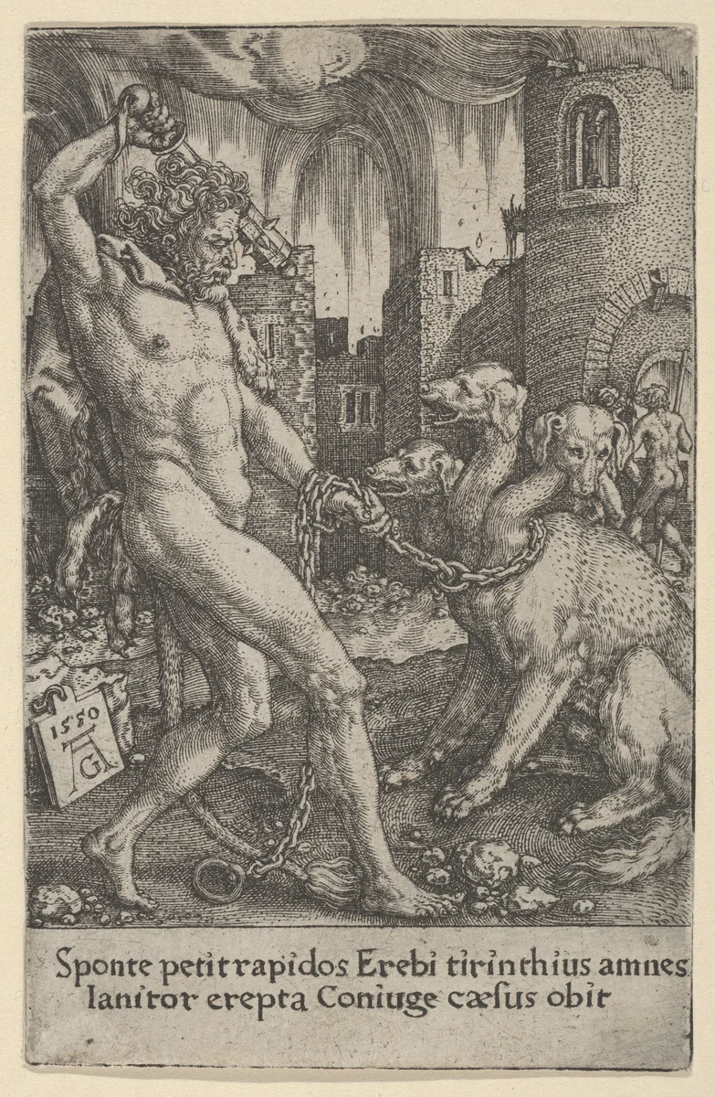 Hercules and Cerberus, from The Labors of Hercules by Heinrich Aldegrever, print, 1550