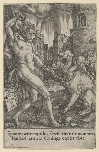 Hercules and Cerberus, from The Labors of Hercules by Heinrich Aldegrever, print, 1550