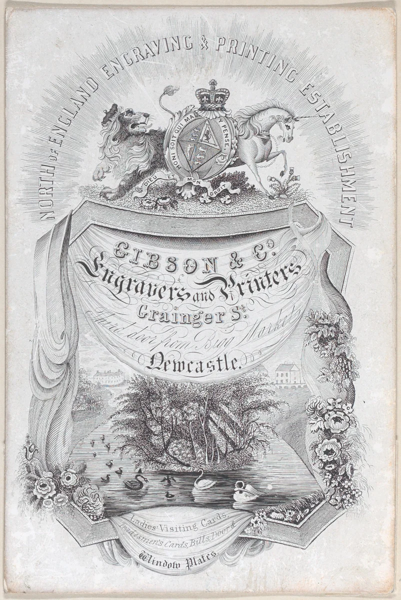 Trade card for North of England Engraving & Printing Establisment, Gibson & co., engravers and printers by anonymous, print, 1800-1900