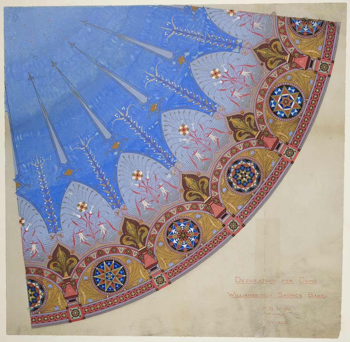 Williamsburg Savings Bank, Brooklyn, New York, Dome Decoration by Peter Bonnett Wight, drawing, 1873