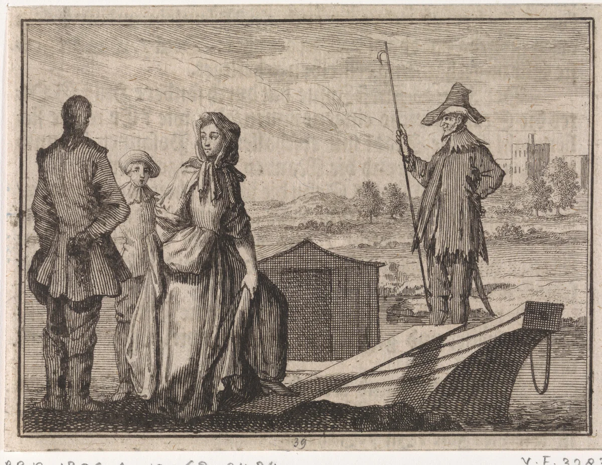 Vrouw gaat aan boord van een schip van de duivel om haar man te ontlopen by Caspar Luyken, print, 1710