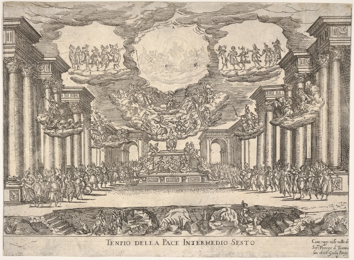 Sixth interlude: temple of peace (Intermedio sesto: tempio della pace), from "Seven Interludes for the wedding celebration of Cosimo de' Medici in Florence, 1608" by Remigio Cantagallina, print, 1608