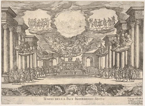 Sixth interlude: temple of peace (Intermedio sesto: tempio della pace), from "Seven Interludes for the wedding celebration of Cosimo de' Medici in Florence, 1608" by Remigio Cantagallina, print, 1608