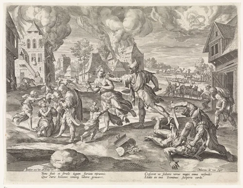 Verdorvenheid en geweld op aarde vóór de zondvloed by Unknown, print, 1586